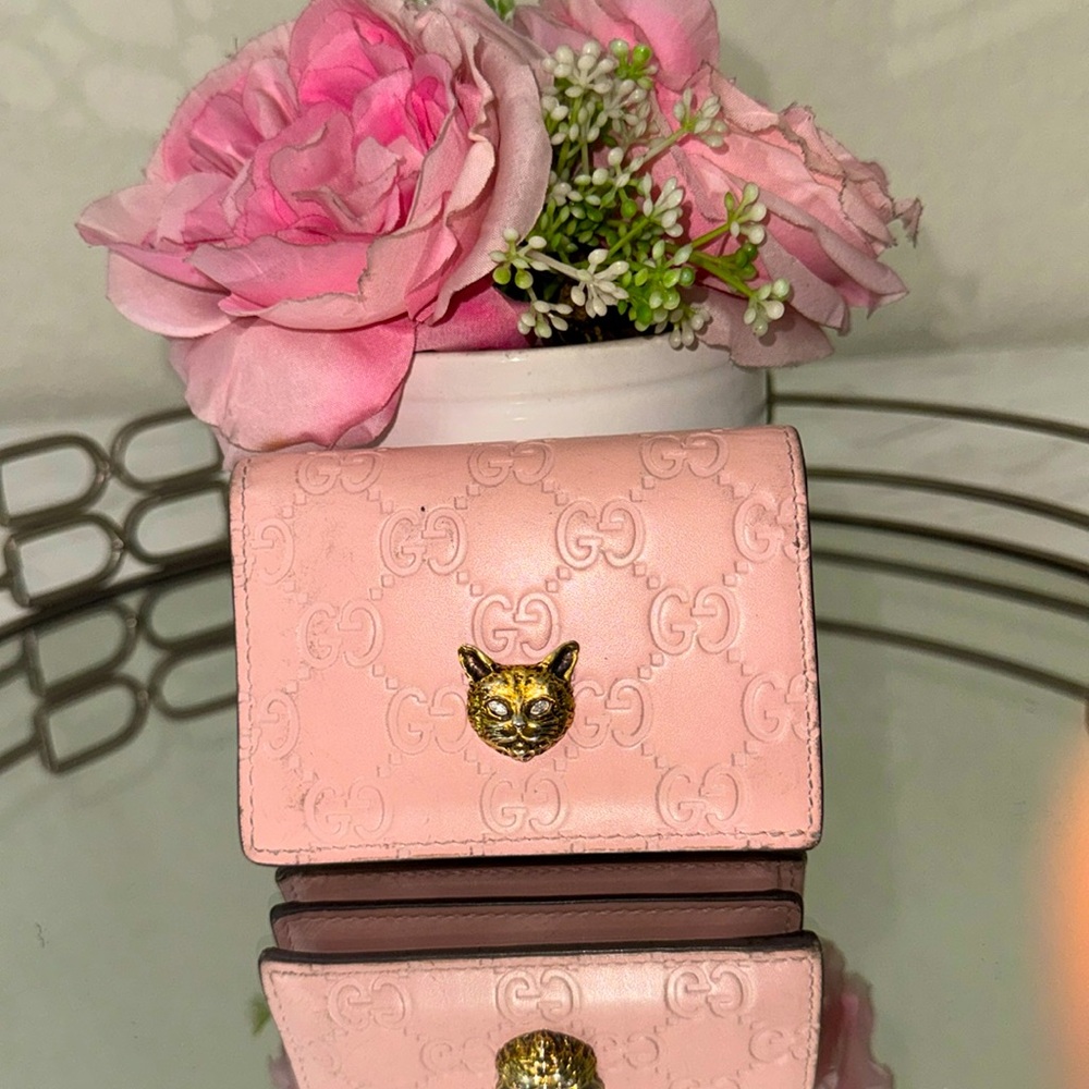 Authentic GUCCI Ssima GG Logo Signature Cat Leather Bifold Wallet